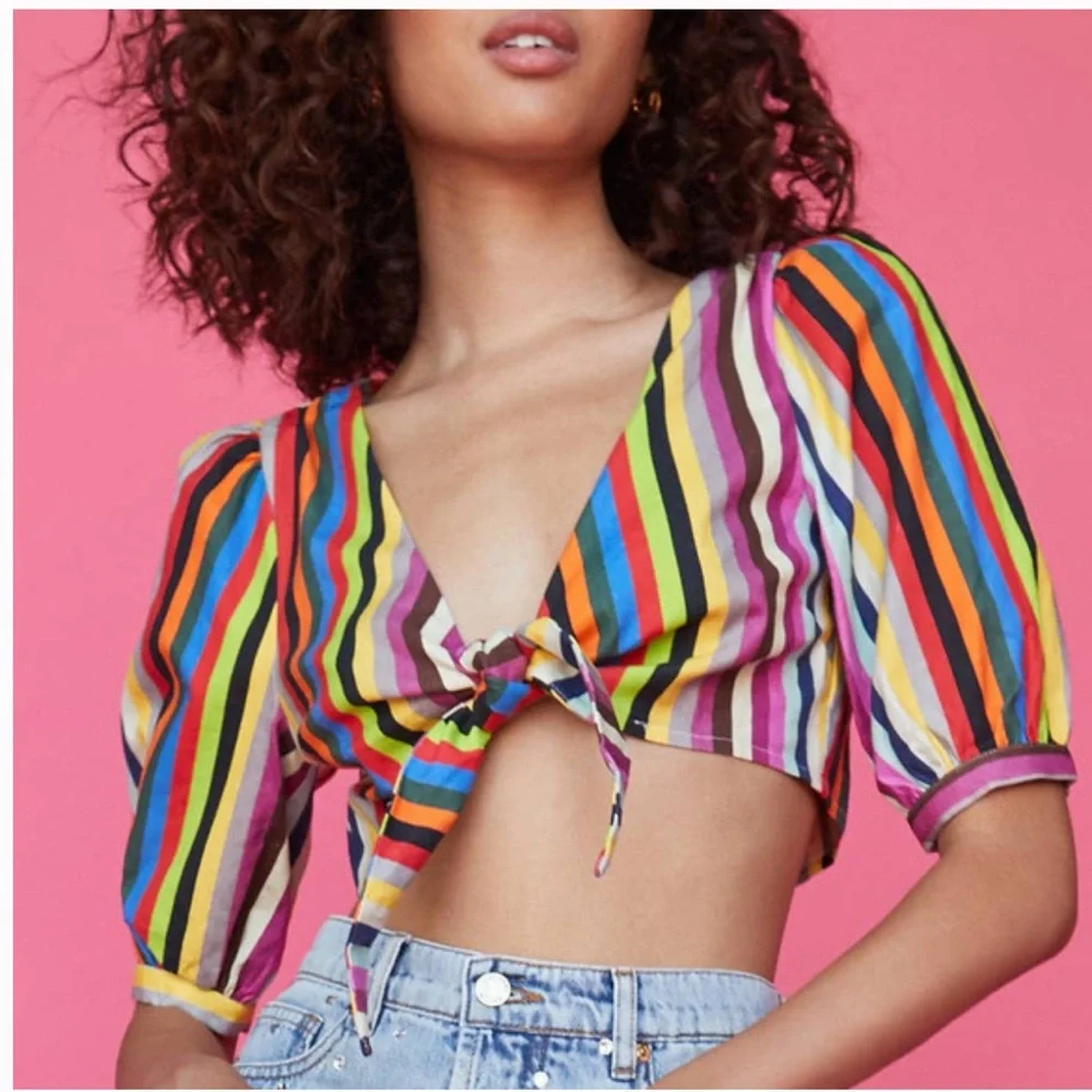 LPA Rainbow Stripe Tie Front Crop Top Short Sleeve W2192 Sz XXS